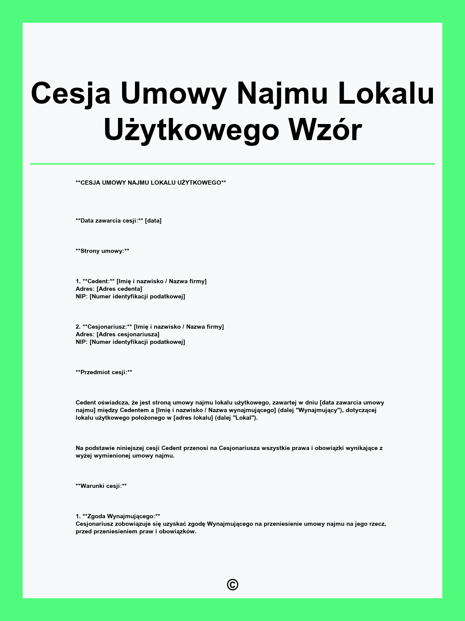 Cesja Umowy Najmu Lokalu Użytkowego Wzór