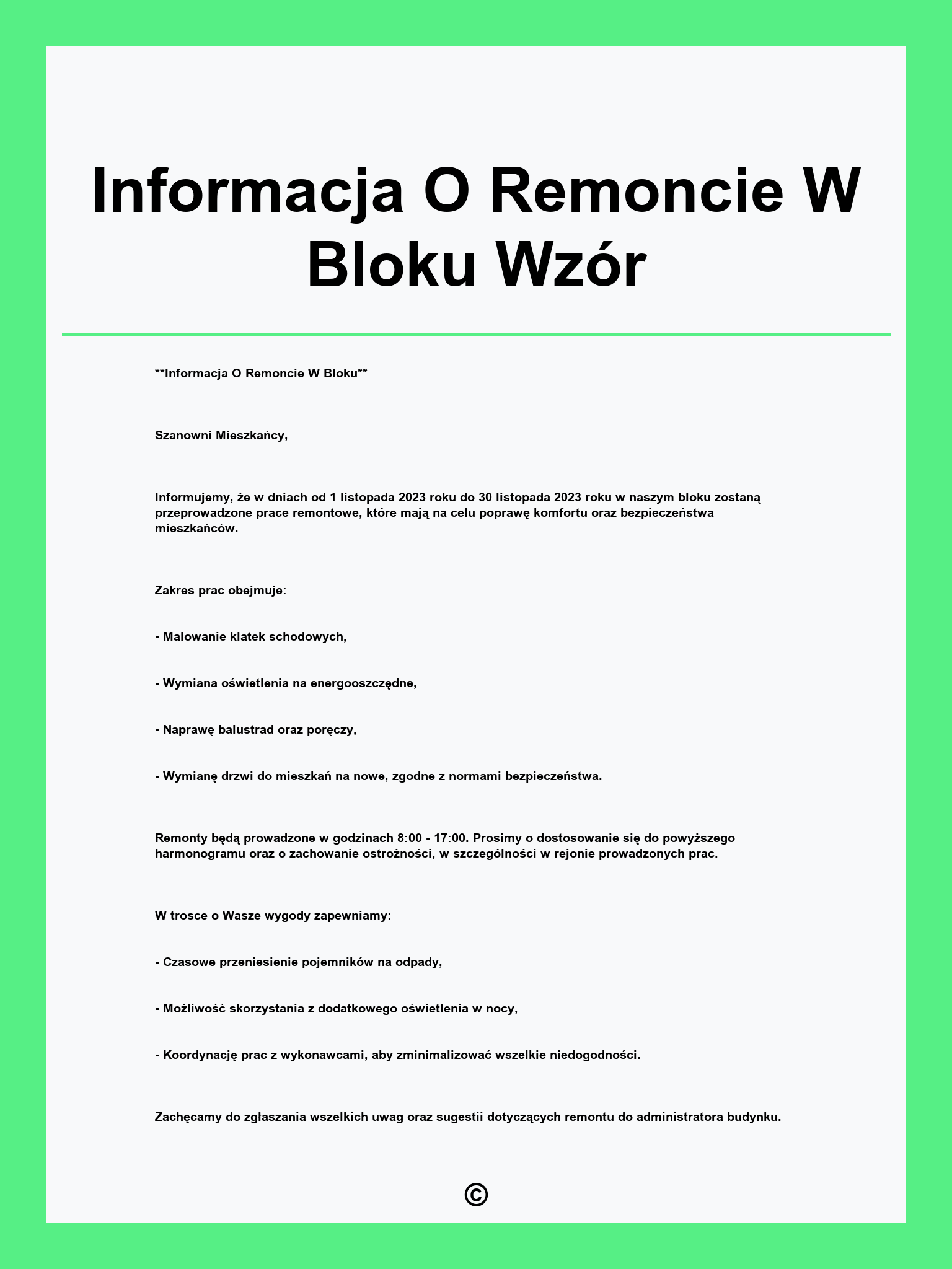 Informacja O Remoncie W Bloku Wzór