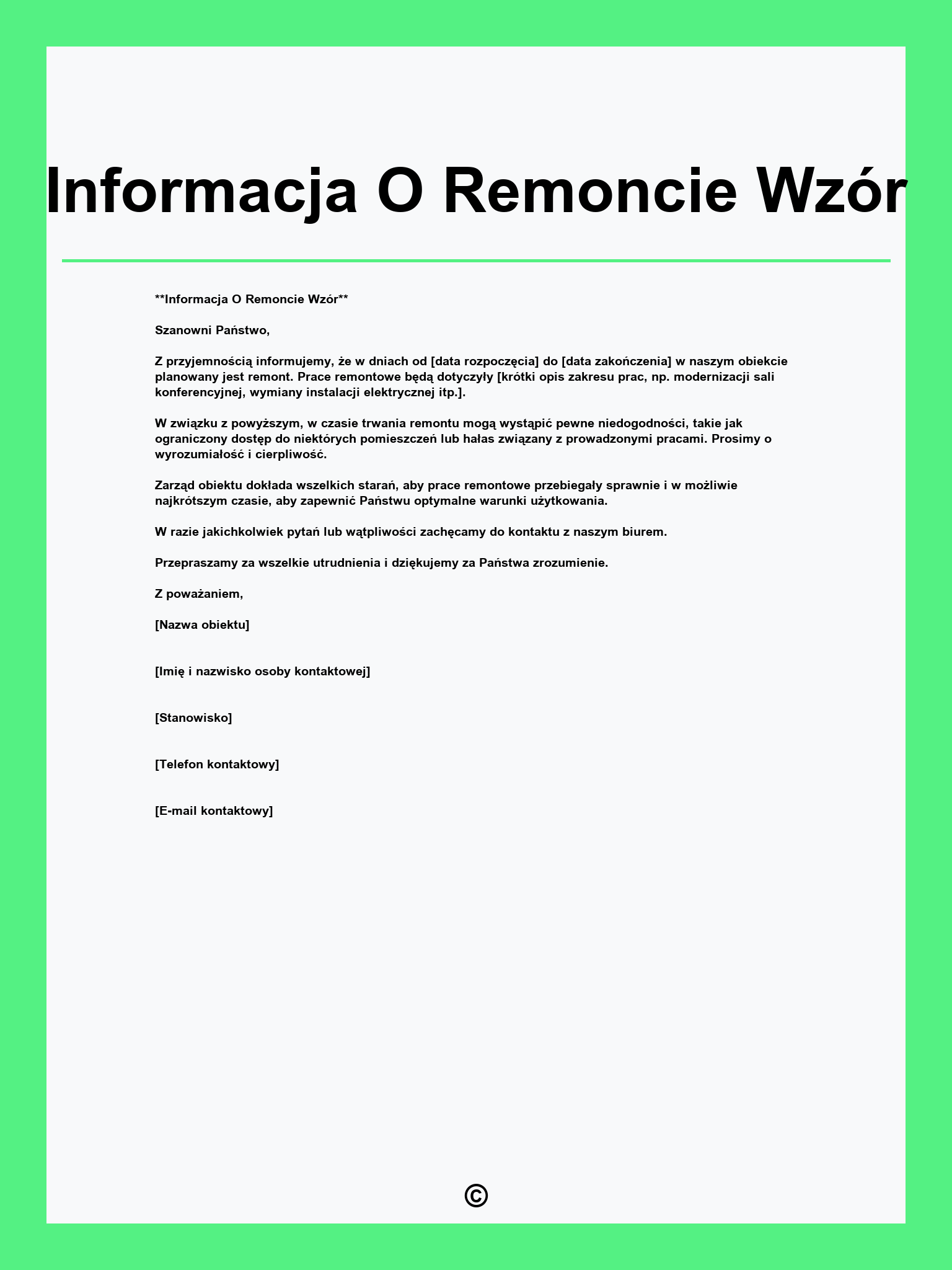 Informacja O Remoncie Wzór