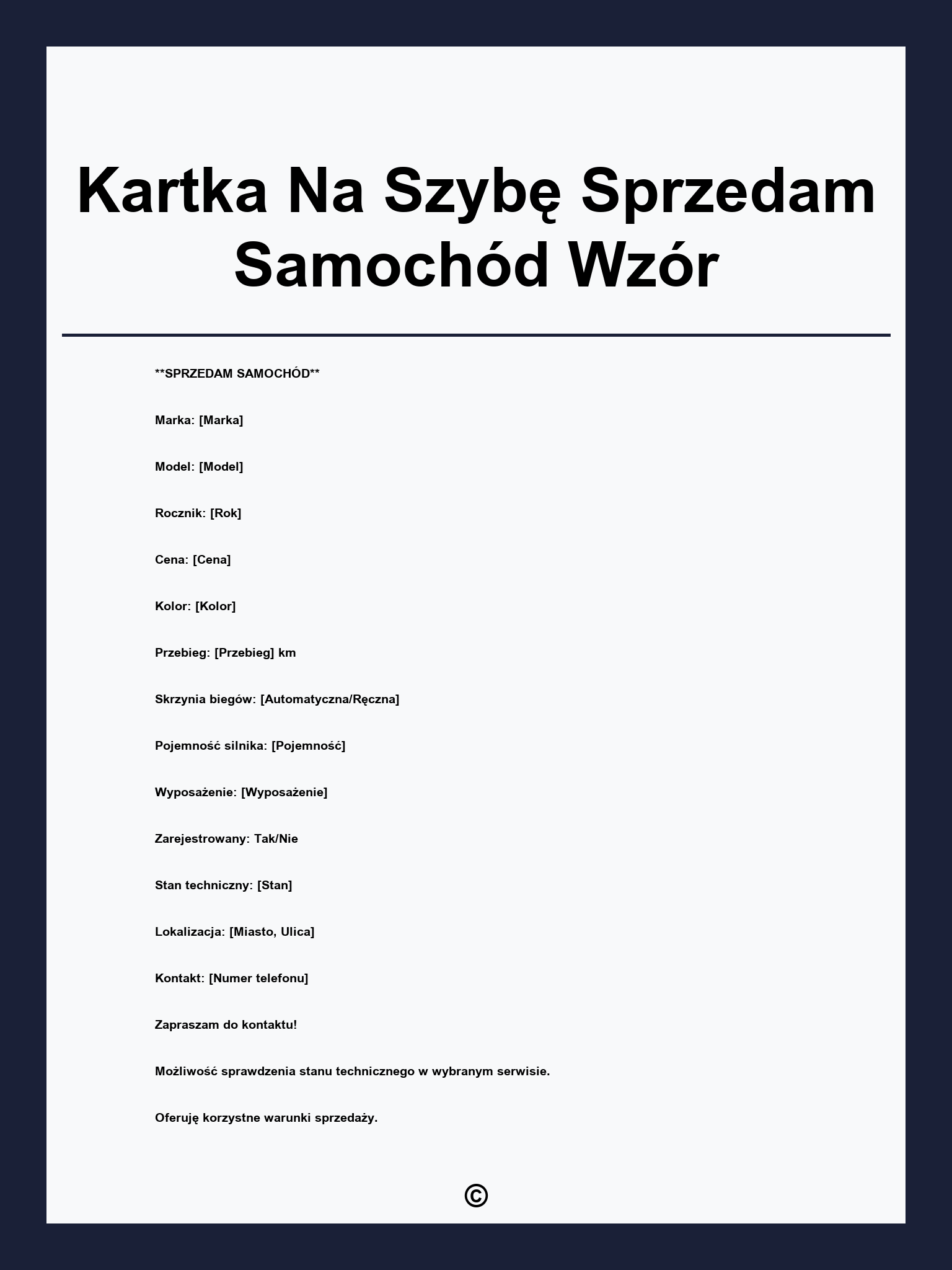 Kartka Na Szybę Sprzedam Samochód Wzór