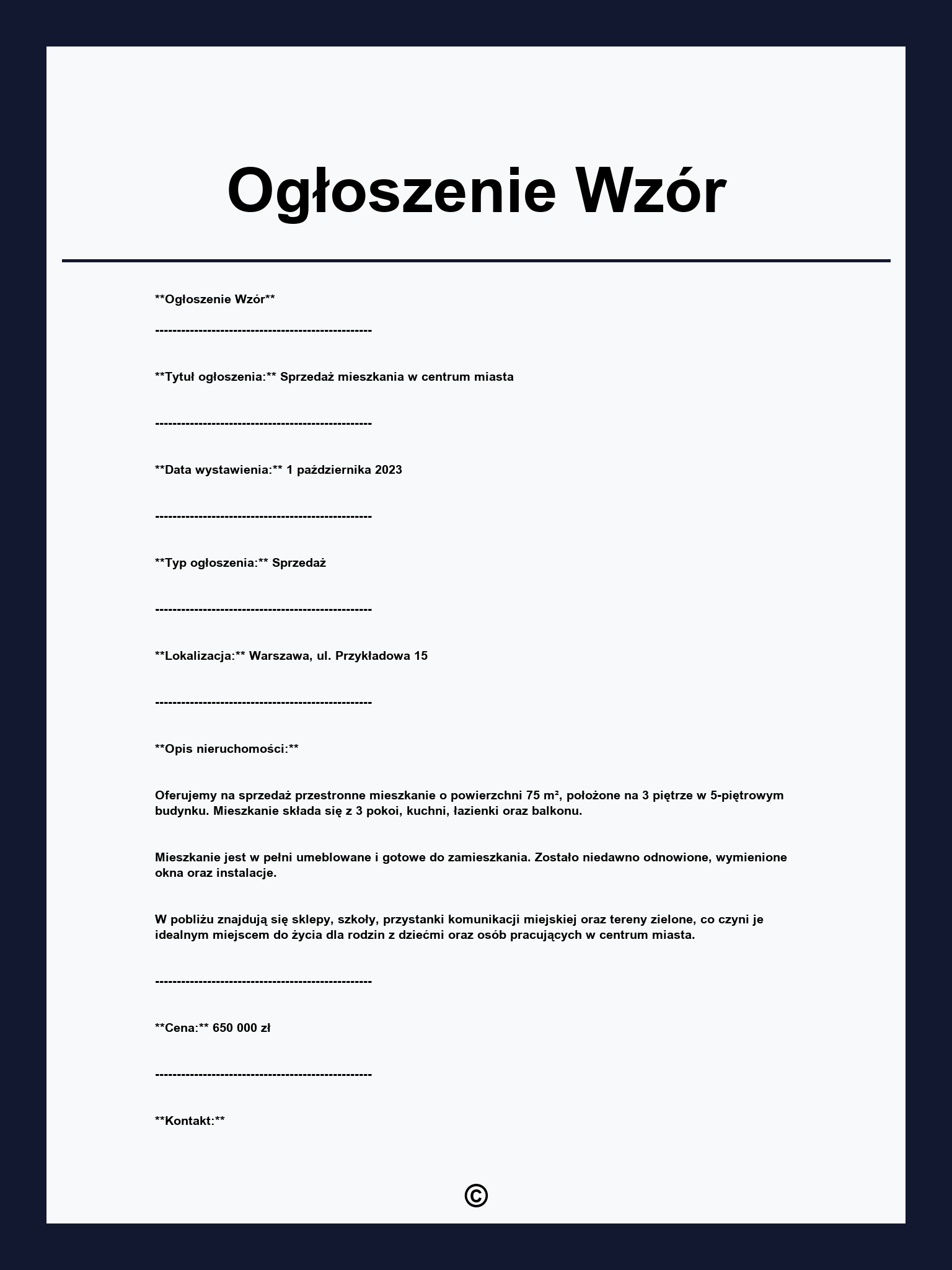 Ogłoszenie Wzór