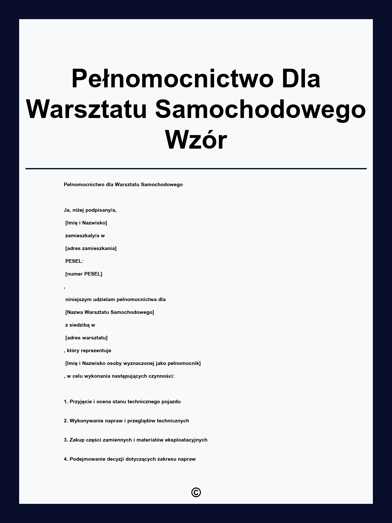 Pełnomocnictwo Dla Warsztatu Samochodowego Wzór