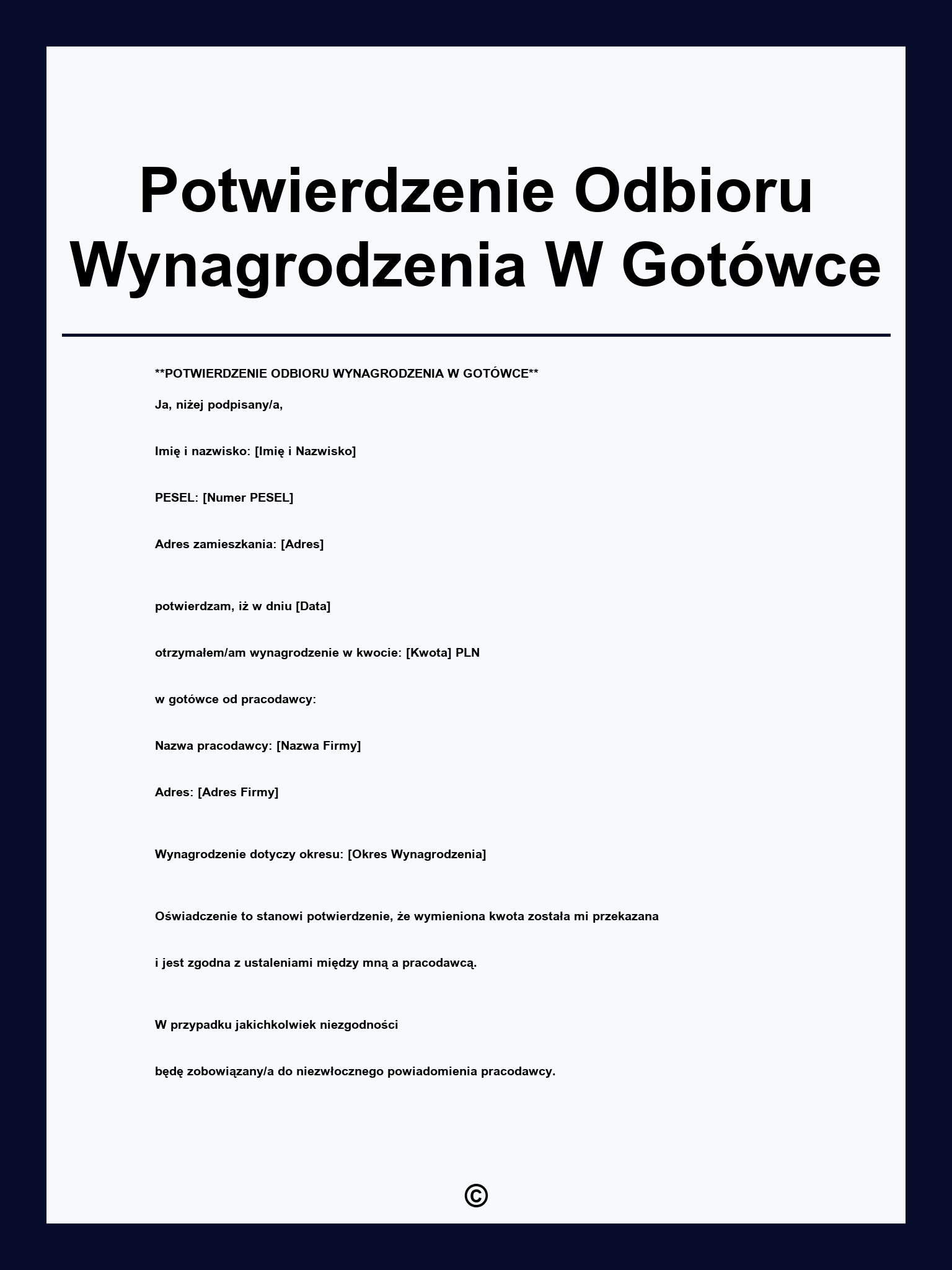 Potwierdzenie Odbioru Wynagrodzenia W Gotówce