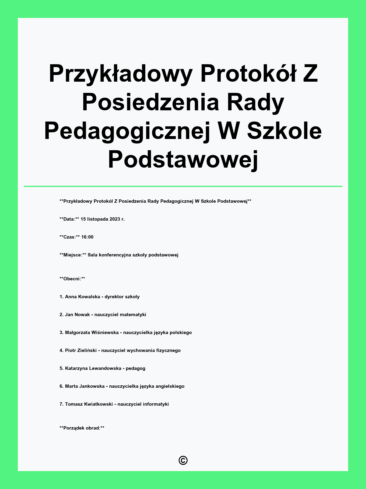 Przykładowy Protokół Z Posiedzenia Rady Pedagogicznej W Szkole Podstawowej