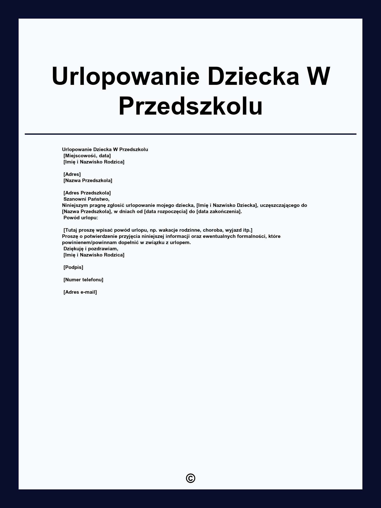 Urlopowanie Dziecka W Przedszkolu